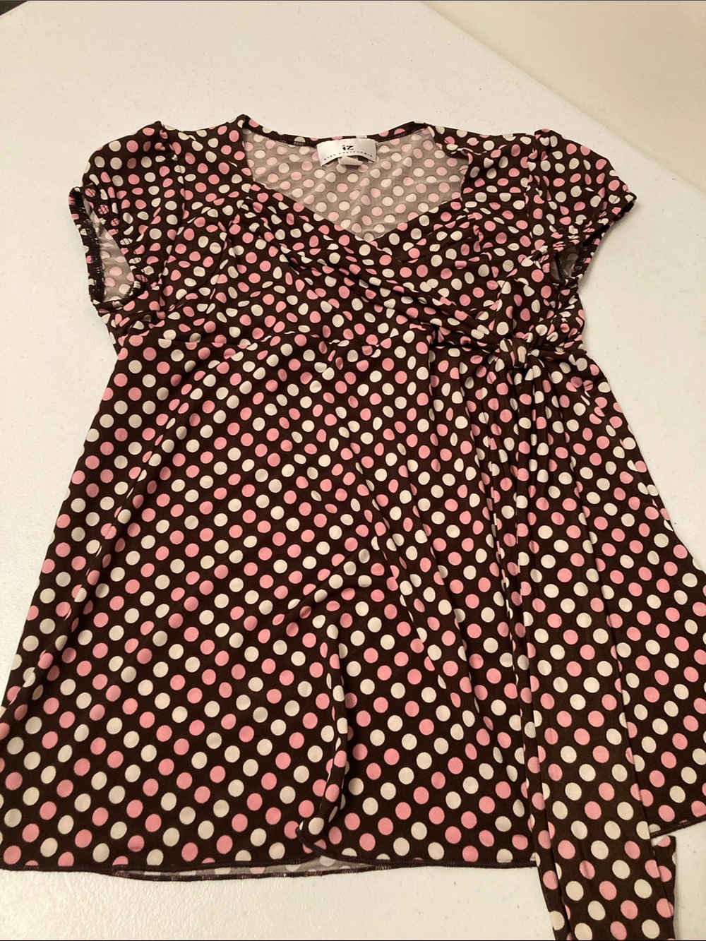 Girls Polka Dot Empire Waist Top - Brown with Pink & Cream Dots